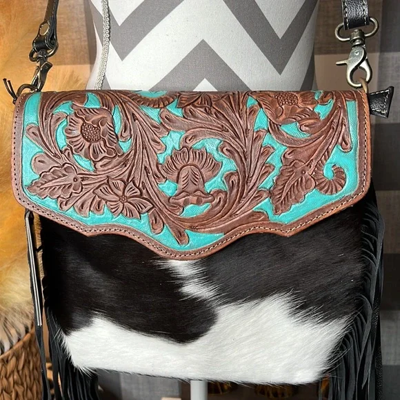 Cowhide Aqua Hand Tooled Crossbody - Picture 2 of 7